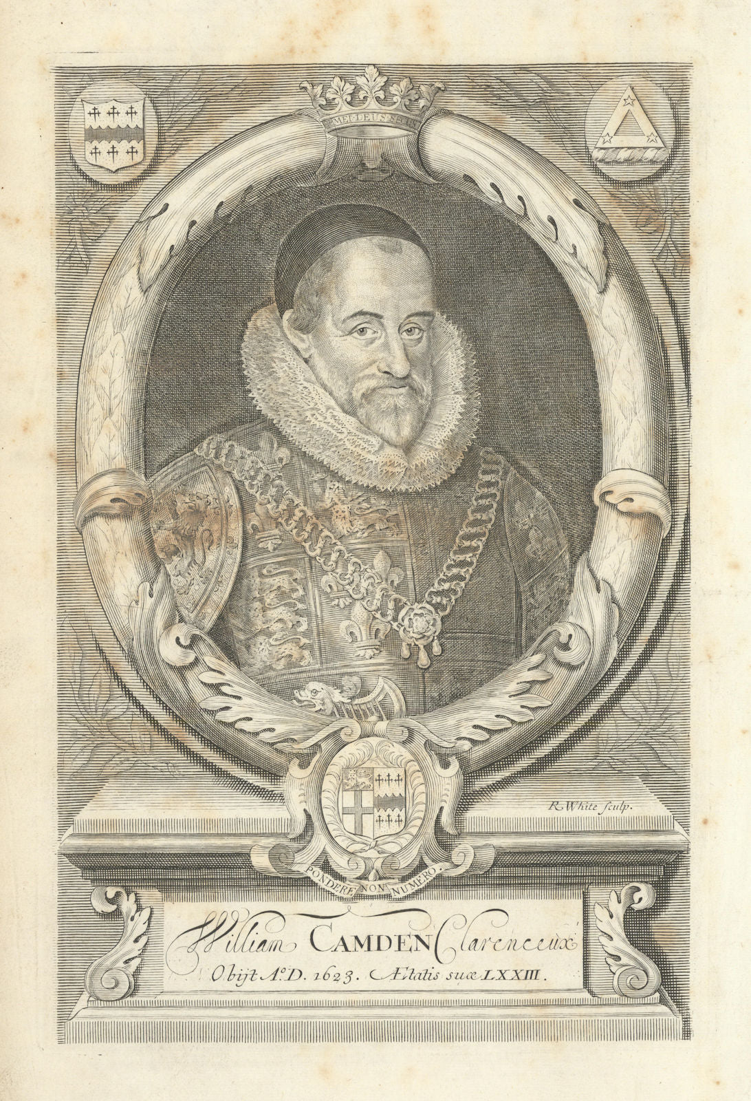 WILLIAM CAMDEN. Portrait. Frontispiece from Camden's Britannia 1722 old print